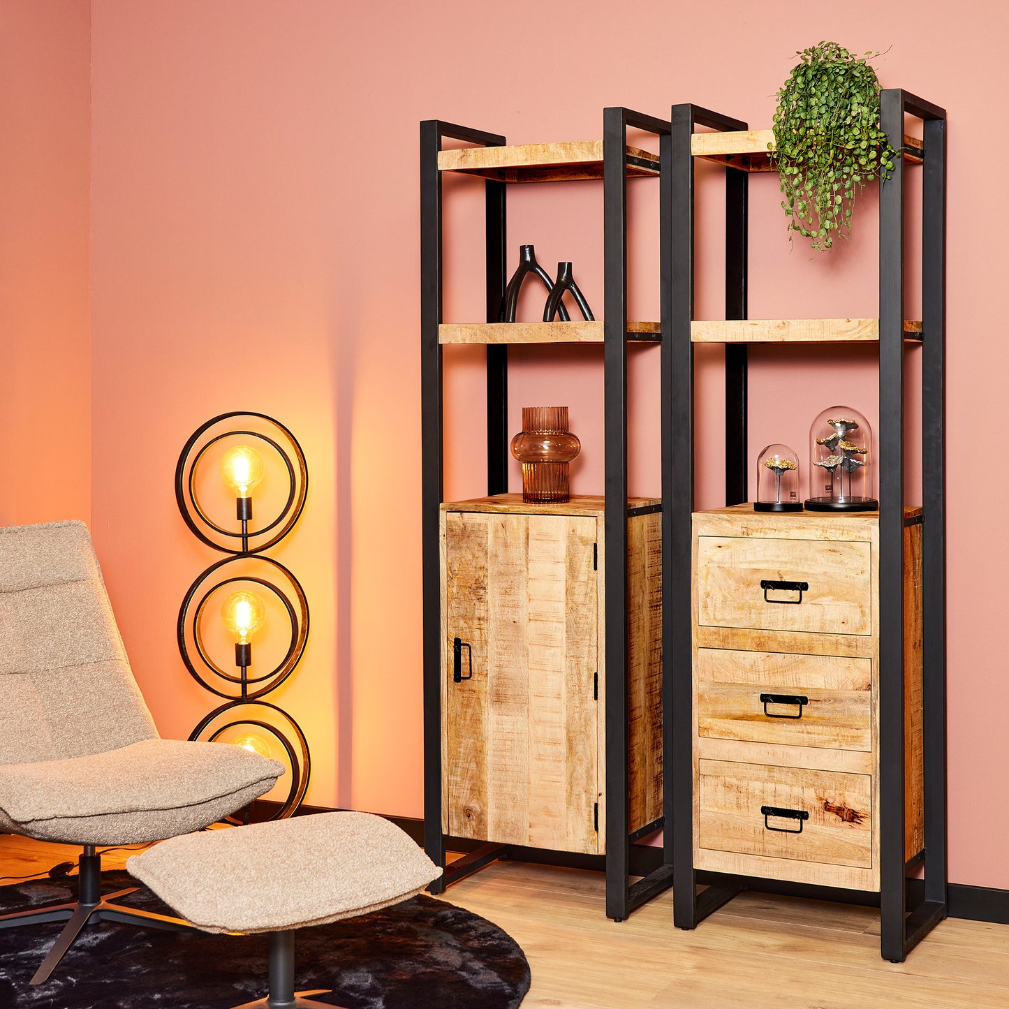 Mangohouten Boekenkast 55x200cm | 3 lades